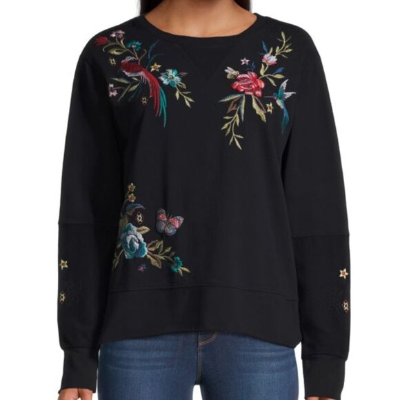 Johnny Was Gen French Terry Pullover Floral Embroidered Top Sweatshirt Black New - Picture 5 of 9